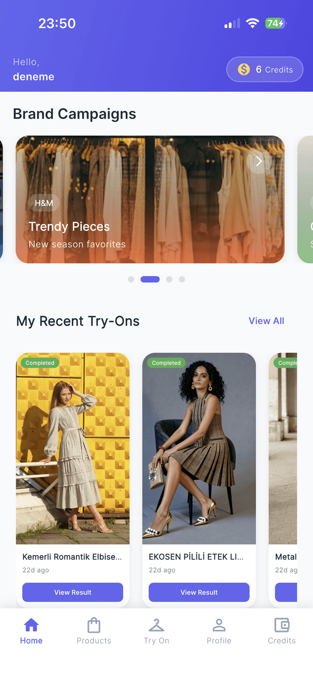 Virtton virtual try-on app home screen showing trending fashion products