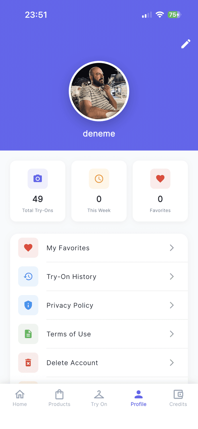 User profile with virtual try-on history and saved outfits