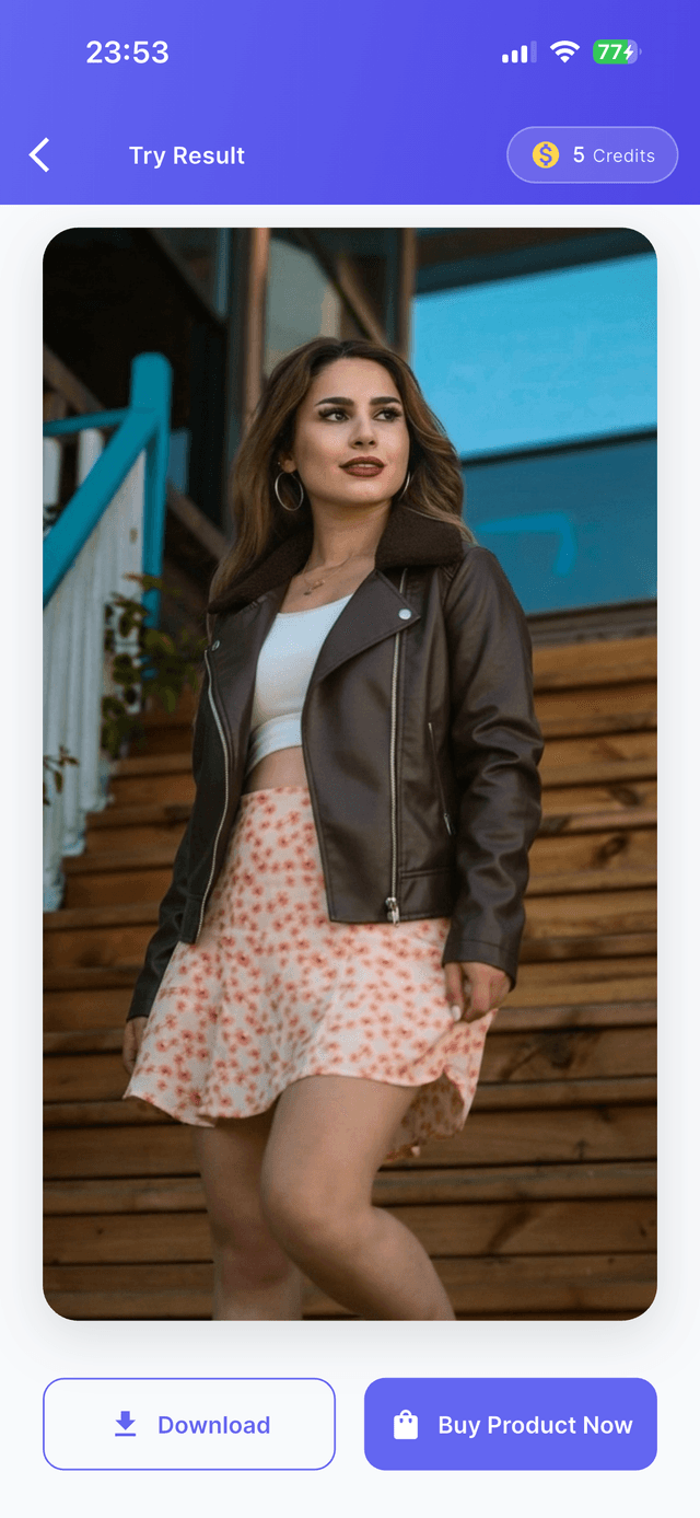 AI virtual fitting room result showing clothes on user body
